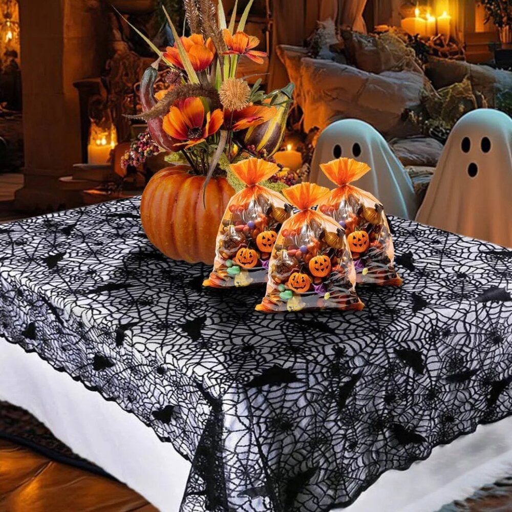 52" x 70"  Halloween Bat Spider Web Scalloped Lace Tablecloth Black